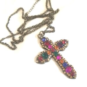 Rhinestone Cross Necklace Brass